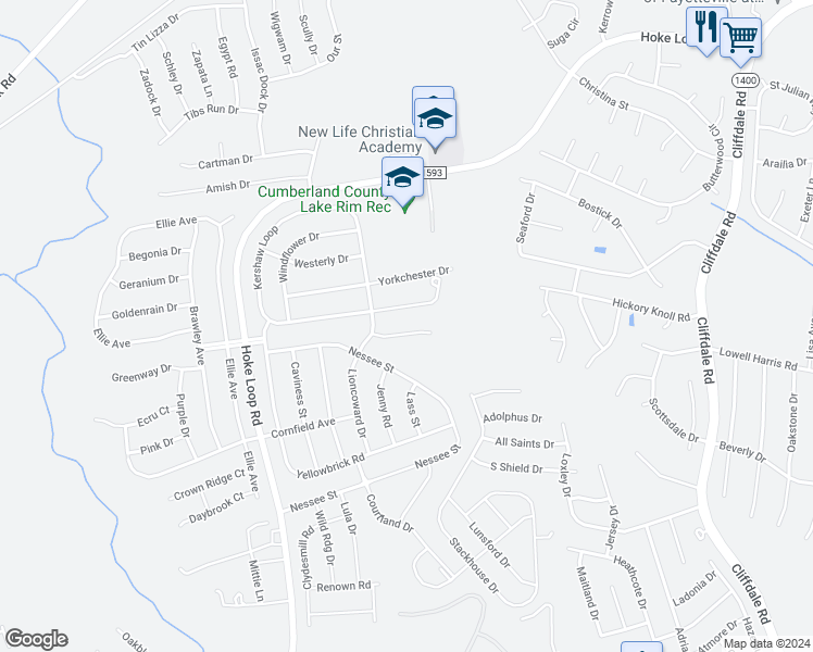 map of restaurants, bars, coffee shops, grocery stores, and more near 5724 Scarecrow Court in Fayetteville