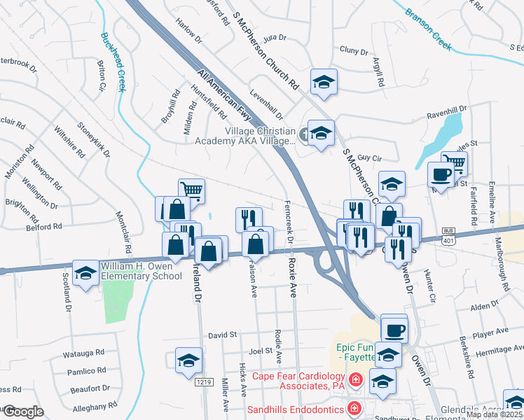 map of restaurants, bars, coffee shops, grocery stores, and more near 821 Astron Lane in Fayetteville