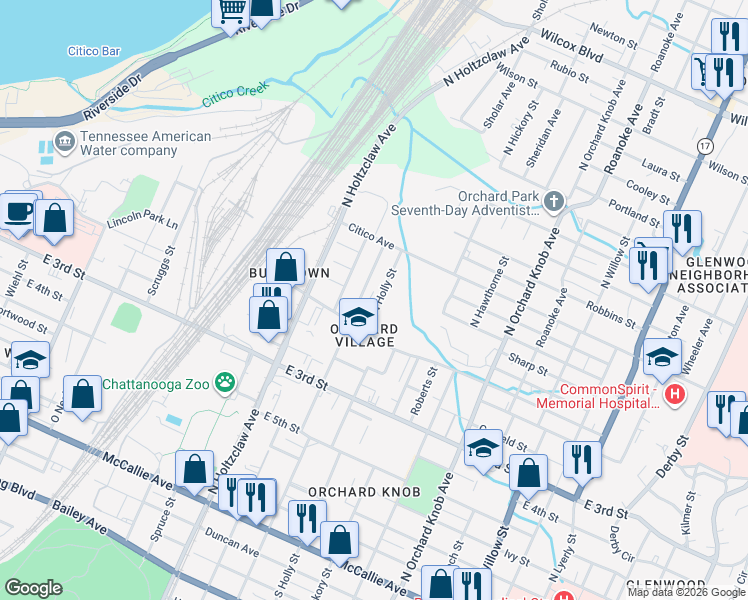 map of restaurants, bars, coffee shops, grocery stores, and more near 624 North Holly Street in Chattanooga