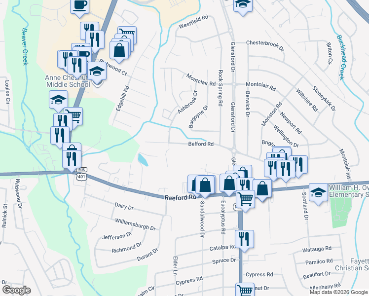 map of restaurants, bars, coffee shops, grocery stores, and more near 4739 Belford Road in Fayetteville