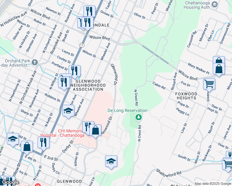 map of restaurants, bars, coffee shops, grocery stores, and more near 1018 Glenwood Drive in Chattanooga