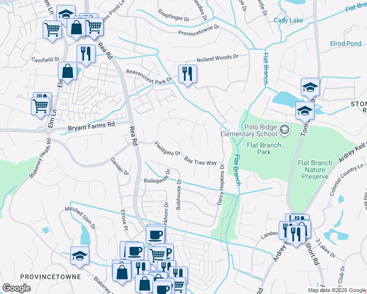 map of restaurants, bars, coffee shops, grocery stores, and more near 8818 Gelligum Drive in Charlotte