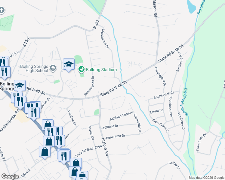 map of restaurants, bars, coffee shops, grocery stores, and more near 2351 Old Furnace Road in Boiling Springs