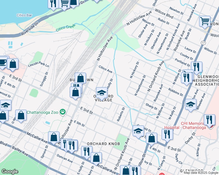 map of restaurants, bars, coffee shops, grocery stores, and more near 624 N Holly St in Chattanooga