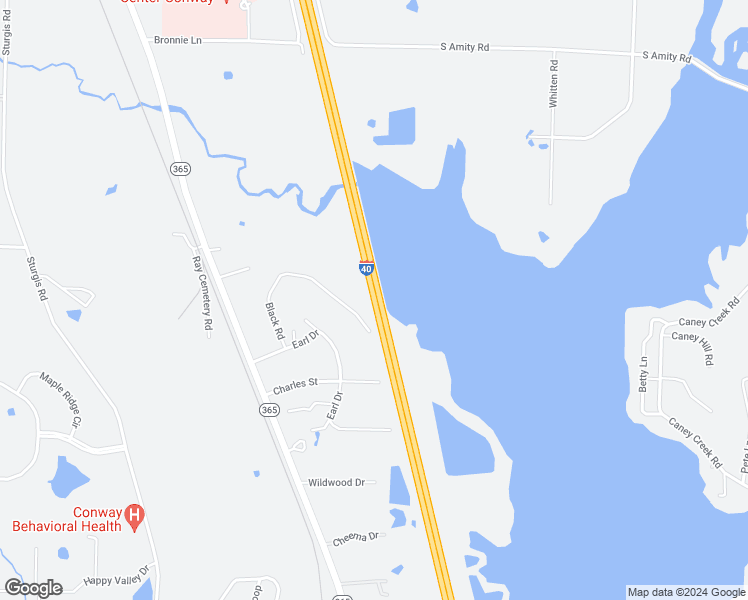 map of restaurants, bars, coffee shops, grocery stores, and more near Interstate 40 in Conway