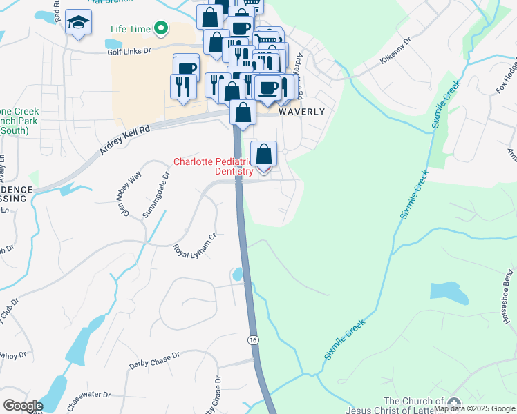 map of restaurants, bars, coffee shops, grocery stores, and more near 11945 Providence Road in Charlotte