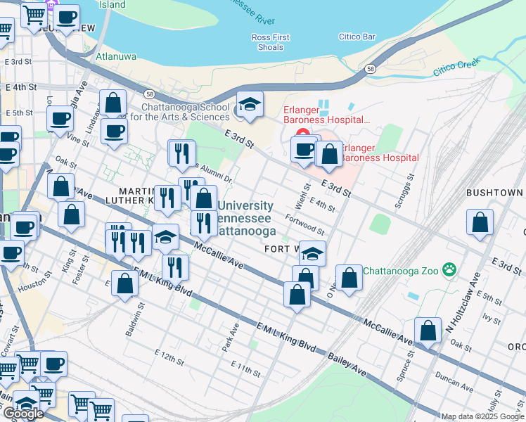 map of restaurants, bars, coffee shops, grocery stores, and more near 812 Fortwood Street in Chattanooga