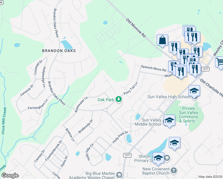 map of restaurants, bars, coffee shops, grocery stores, and more near 5008 Rosewater Lane in Indian Trail