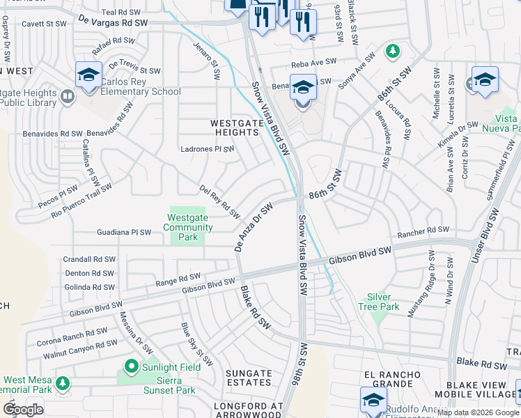 map of restaurants, bars, coffee shops, grocery stores, and more near 9726 Atrisco Ranch Road Southwest in Albuquerque