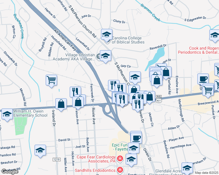 map of restaurants, bars, coffee shops, grocery stores, and more near 3421 Lainey Lane in Fayetteville