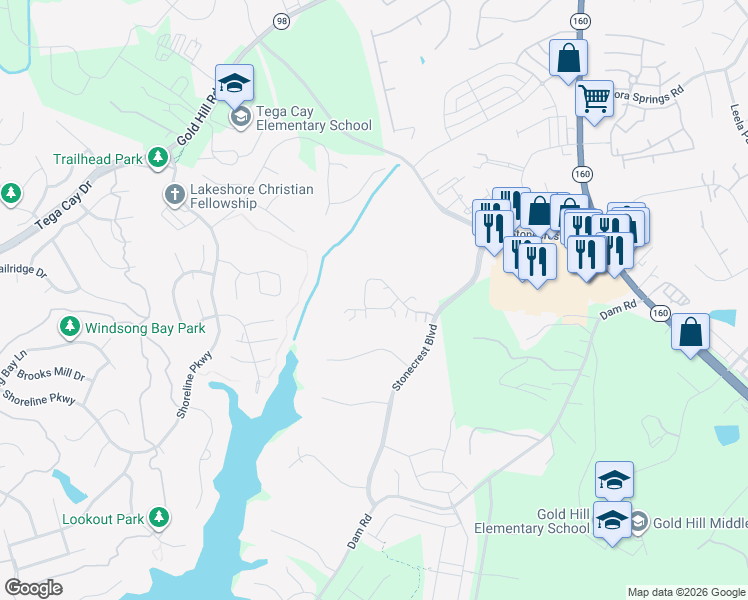 map of restaurants, bars, coffee shops, grocery stores, and more near 824 Ledgestone Court in Tega Cay