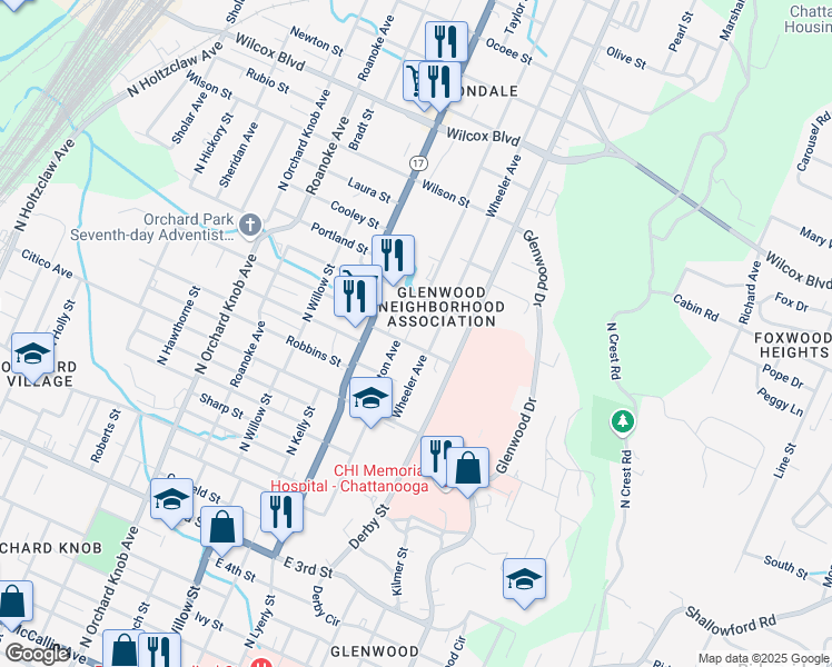 map of restaurants, bars, coffee shops, grocery stores, and more near 902 Arlington Avenue in Chattanooga