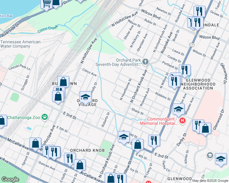 map of restaurants, bars, coffee shops, grocery stores, and more near 1704 Walker Road in Chattanooga