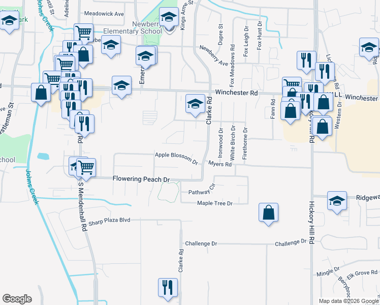 map of restaurants, bars, coffee shops, grocery stores, and more near 5592 Apple Blossom Drive in Memphis