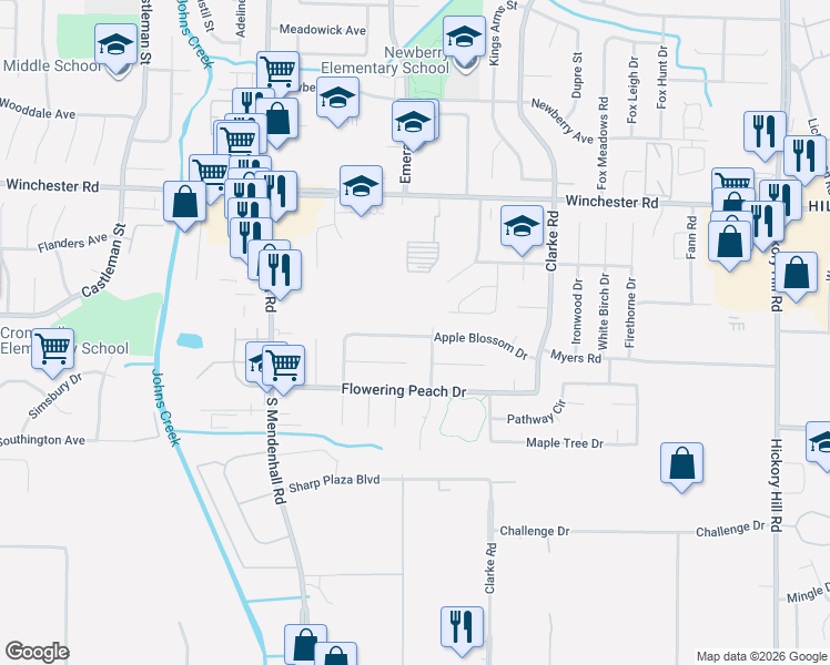 map of restaurants, bars, coffee shops, grocery stores, and more near 5508 Apple Blossom Drive in Memphis