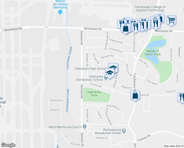 map of restaurants, bars, coffee shops, grocery stores, and more near 3752 Brompton Road in Memphis