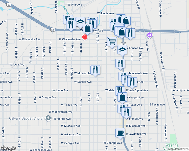 map of restaurants, bars, coffee shops, grocery stores, and more near 511 South 8th Street in Chickasha