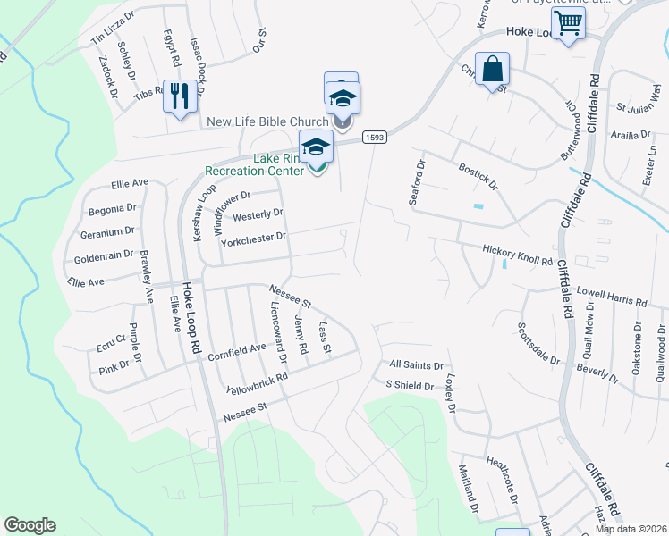 map of restaurants, bars, coffee shops, grocery stores, and more near 5712 Scarecrow Court in Fayetteville