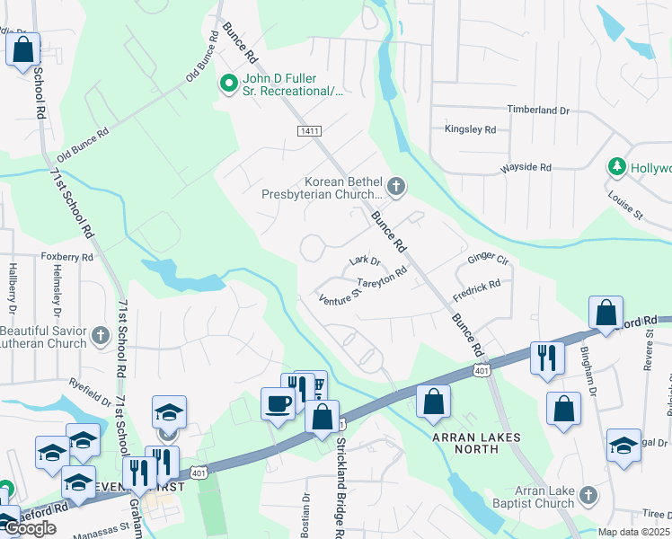map of restaurants, bars, coffee shops, grocery stores, and more near 6530 Lark Drive in Fayetteville