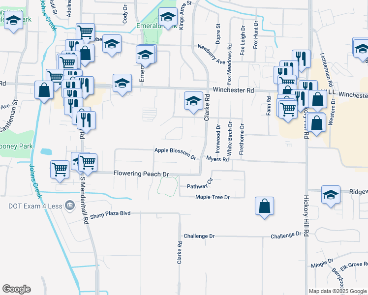 map of restaurants, bars, coffee shops, grocery stores, and more near 5592 Apple Blossom Drive in Memphis
