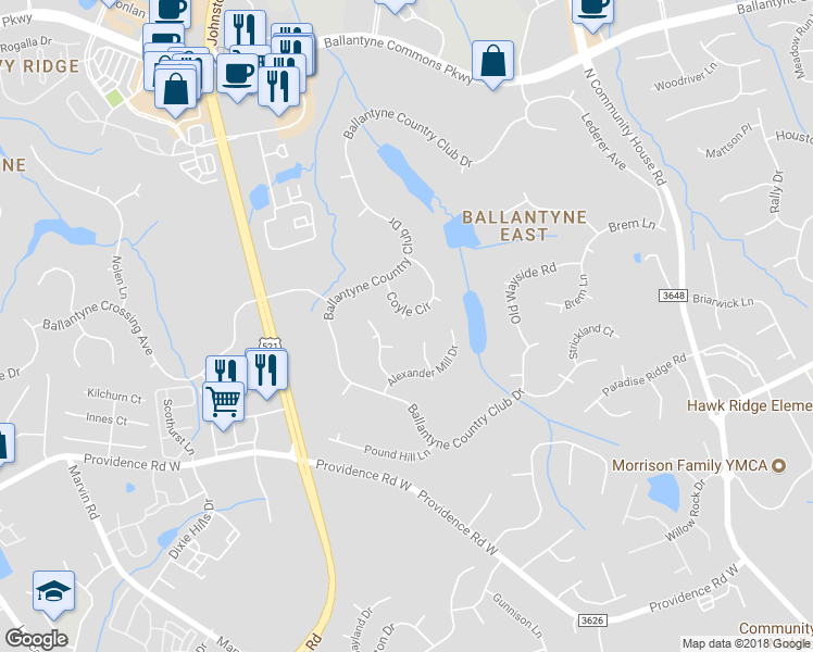 map of restaurants, bars, coffee shops, grocery stores, and more near 14907 McKemey Place in Charlotte