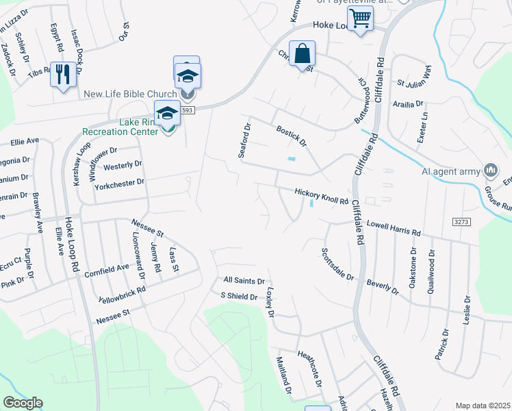 map of restaurants, bars, coffee shops, grocery stores, and more near 5605 Pleasant Run Road in Fayetteville