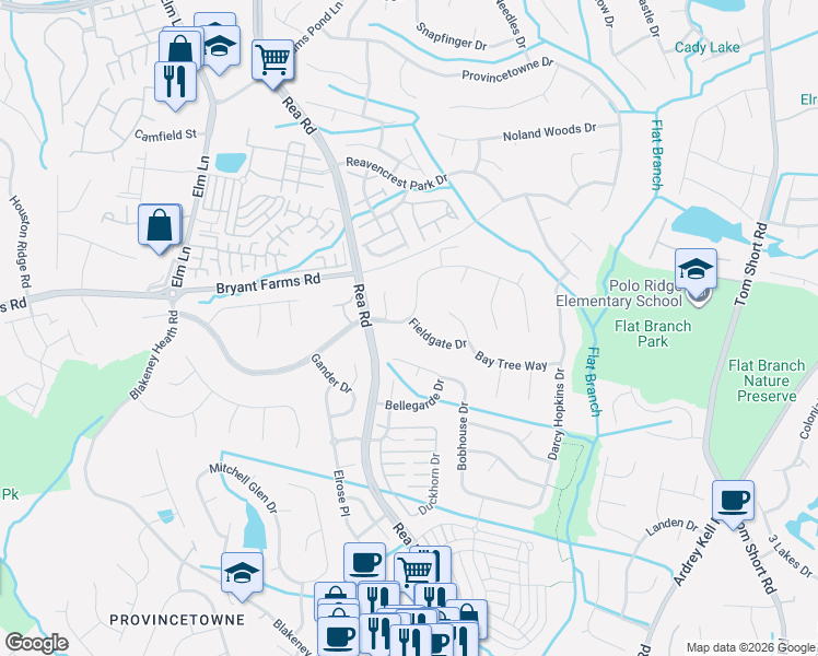 map of restaurants, bars, coffee shops, grocery stores, and more near 12128 Parks Farm Lane in Charlotte