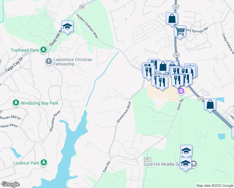 map of restaurants, bars, coffee shops, grocery stores, and more near 761 Ledgestone Court in Tega Cay