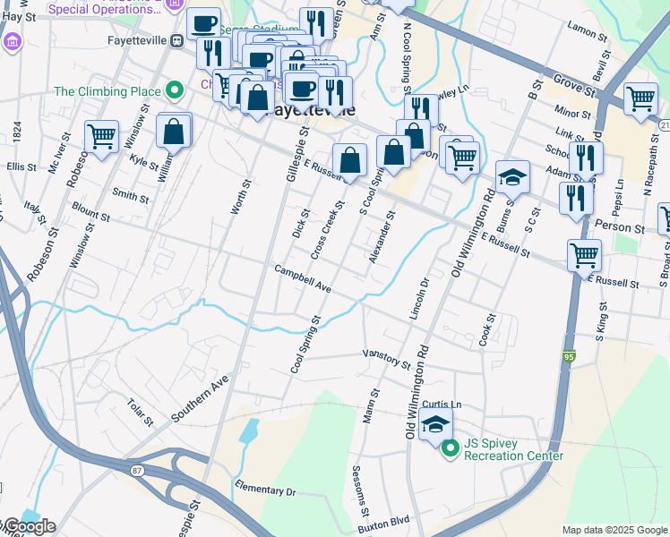 map of restaurants, bars, coffee shops, grocery stores, and more near 226 Nimocks Avenue in Fayetteville