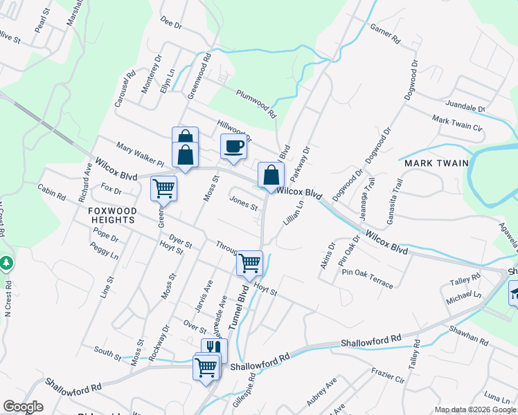 map of restaurants, bars, coffee shops, grocery stores, and more near 1418 Tunnel Boulevard in Chattanooga