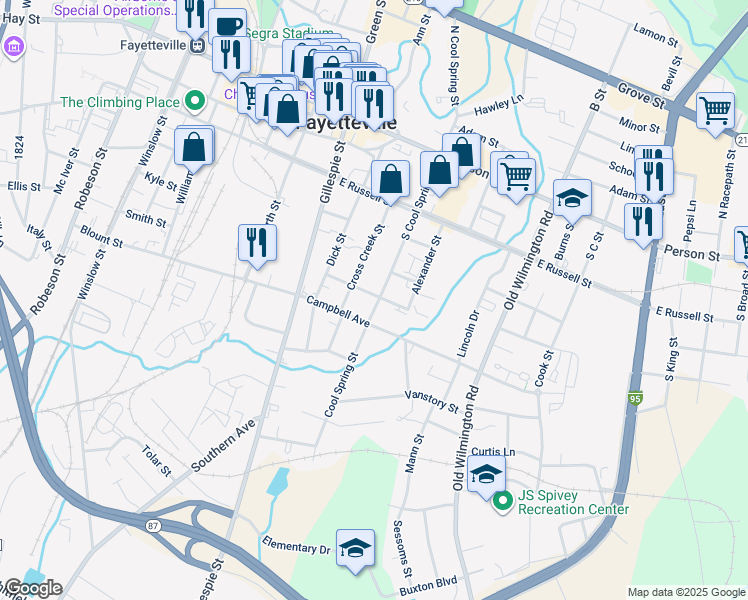 map of restaurants, bars, coffee shops, grocery stores, and more near 226 Nimocks Avenue in Fayetteville