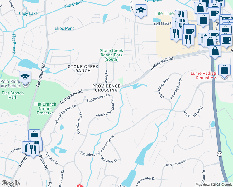map of restaurants, bars, coffee shops, grocery stores, and more near 11107 Pine Valley Club Drive in Charlotte