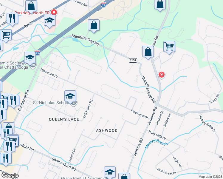 map of restaurants, bars, coffee shops, grocery stores, and more near 7531 Pinewood Drive in Chattanooga
