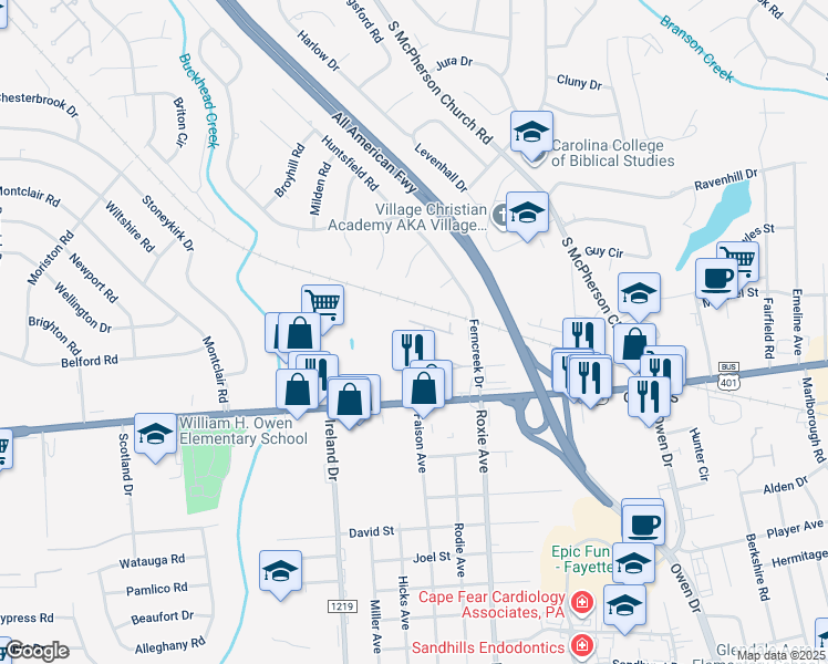 map of restaurants, bars, coffee shops, grocery stores, and more near 821 Astron Lane in Fayetteville