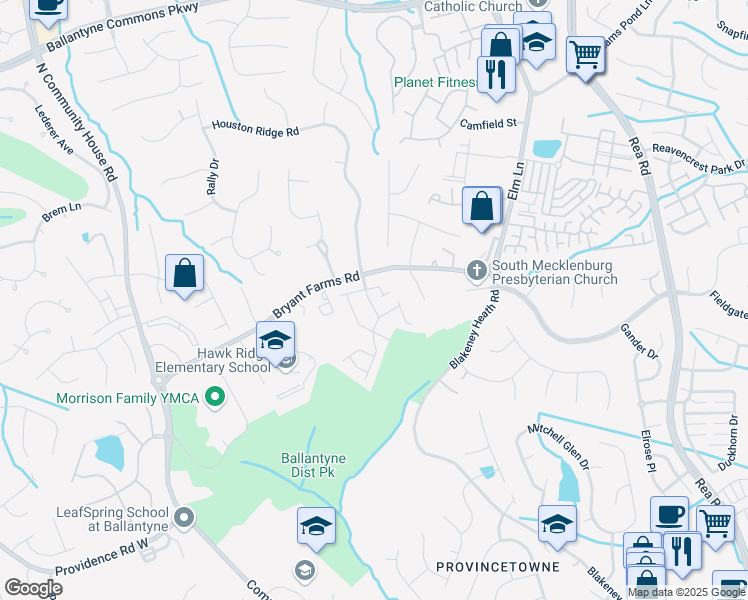 map of restaurants, bars, coffee shops, grocery stores, and more near 8935 Houston Ridge Road in Charlotte
