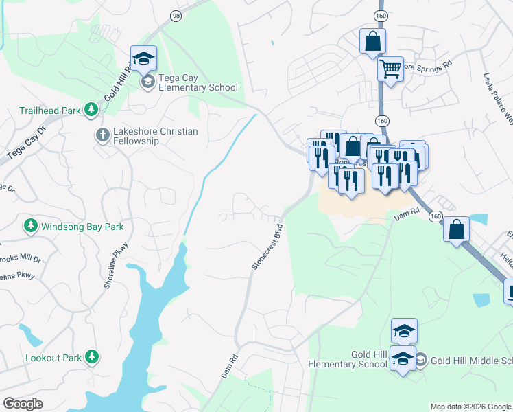 map of restaurants, bars, coffee shops, grocery stores, and more near Ledgestone Court in Tega Cay