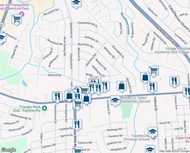 map of restaurants, bars, coffee shops, grocery stores, and more near 857 Brighton Road in Fayetteville