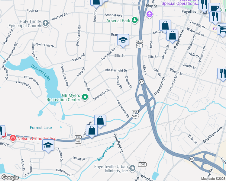 map of restaurants, bars, coffee shops, grocery stores, and more near 723 Commerce Street in Fayetteville