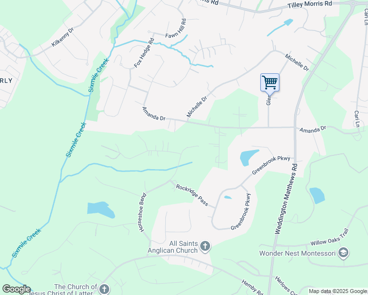 map of restaurants, bars, coffee shops, grocery stores, and more near 5000 Saddle Horn Trail in Matthews