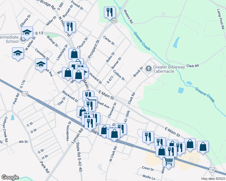 map of restaurants, bars, coffee shops, grocery stores, and more near 37 South Howard Street in Inman