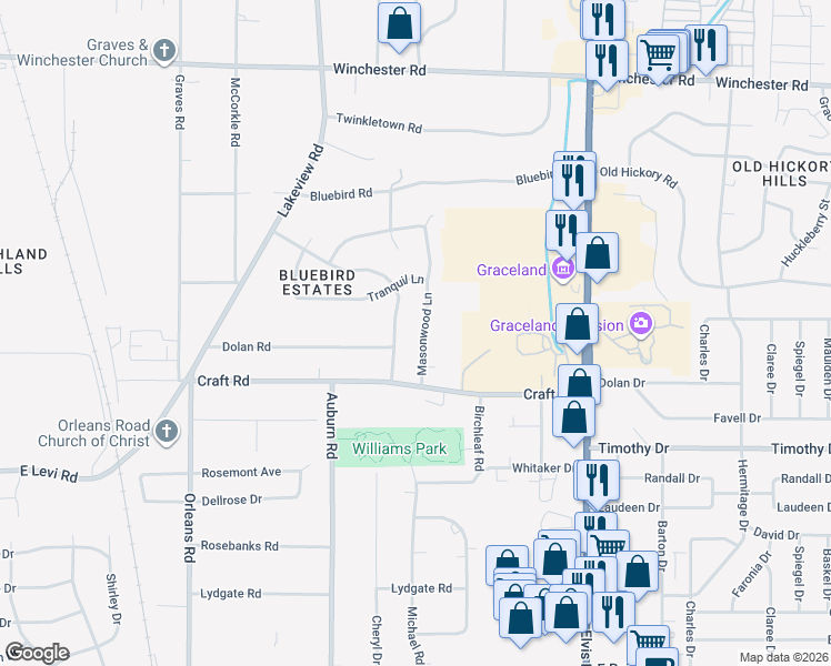 map of restaurants, bars, coffee shops, grocery stores, and more near 3759 Masonwood Lane in Memphis