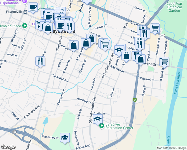 map of restaurants, bars, coffee shops, grocery stores, and more near 312 Lincoln Drive in Fayetteville