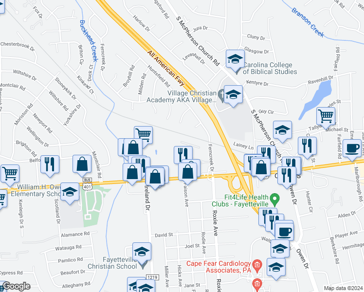 map of restaurants, bars, coffee shops, grocery stores, and more near 1871 Jennifer Lane in Fayetteville