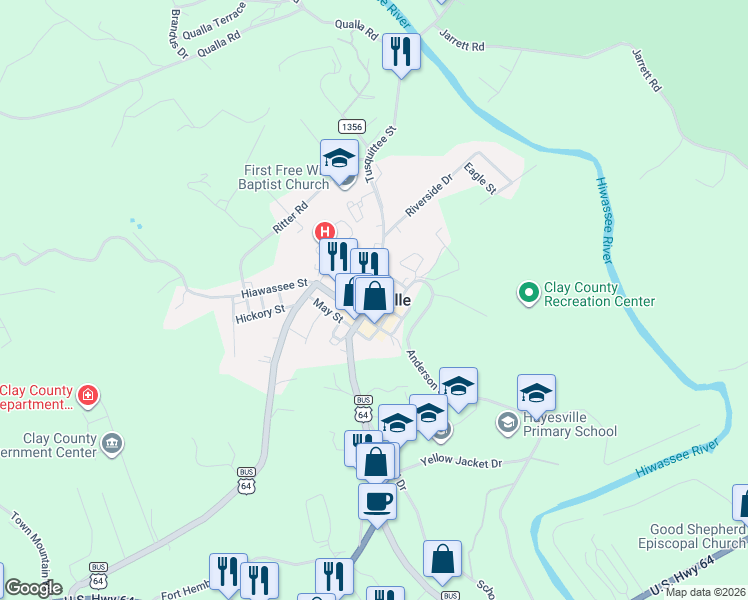 map of restaurants, bars, coffee shops, grocery stores, and more near in Hayesville