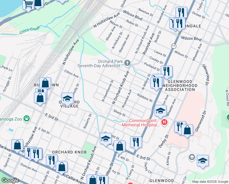 map of restaurants, bars, coffee shops, grocery stores, and more near 1806 Citico Avenue in Chattanooga