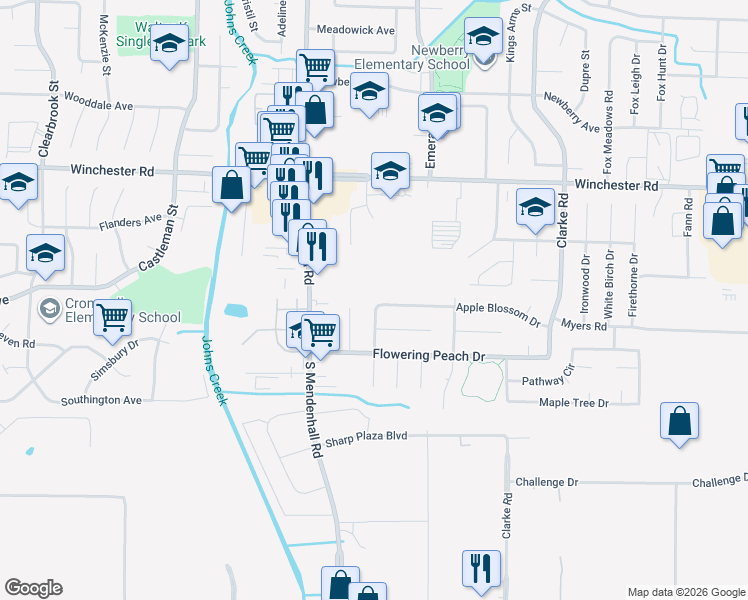 map of restaurants, bars, coffee shops, grocery stores, and more near 5418 Apple Blossom Drive in Memphis