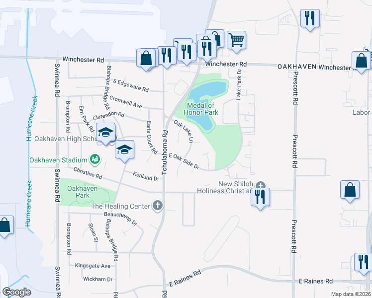 map of restaurants, bars, coffee shops, grocery stores, and more near 3302 East Oak Side Drive in Memphis