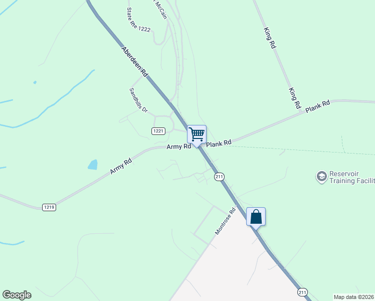 map of restaurants, bars, coffee shops, grocery stores, and more near 180 Army Road in Raeford
