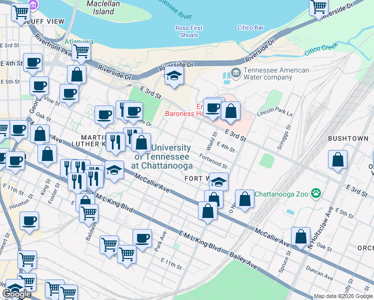 map of restaurants, bars, coffee shops, grocery stores, and more near 836 Fortwood Street in Chattanooga