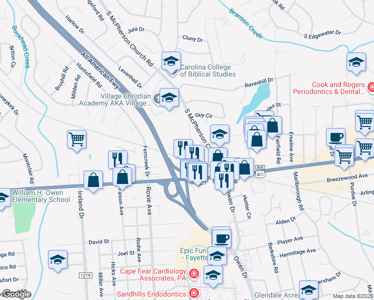 map of restaurants, bars, coffee shops, grocery stores, and more near 3400 Lainey Lane in Fayetteville